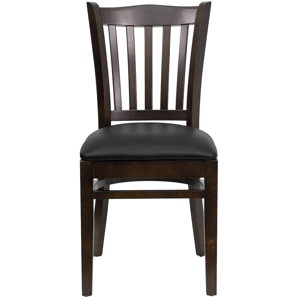Vertical Slat Back Walnut Wood Restaurant Chair - Black Vinyl Seat. Picture 10