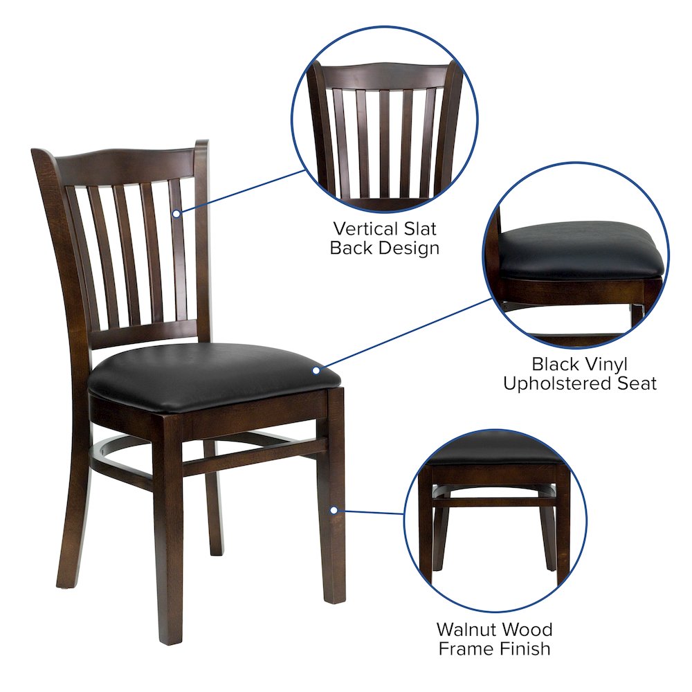 Vertical Slat Back Walnut Wood Restaurant Chair - Black Vinyl Seat. Picture 5