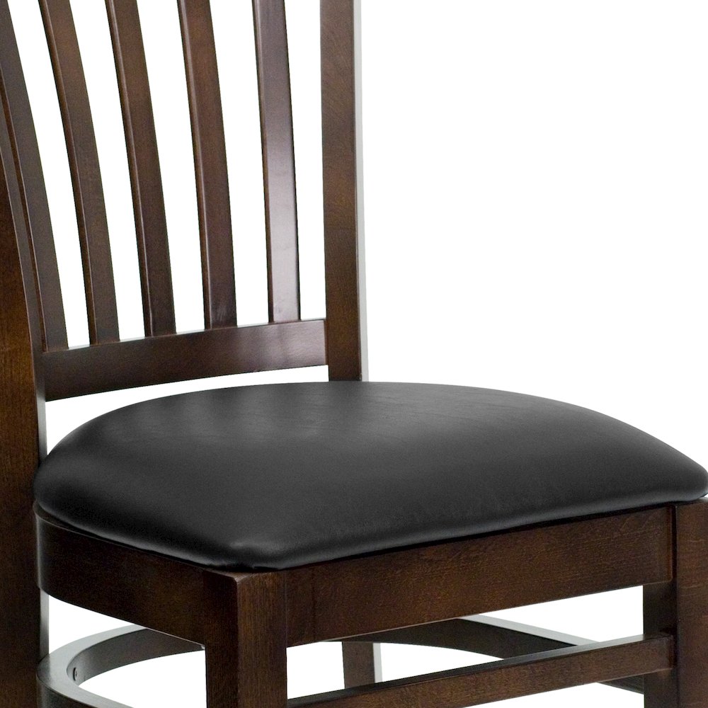 Vertical Slat Back Walnut Wood Restaurant Chair - Black Vinyl Seat. Picture 8