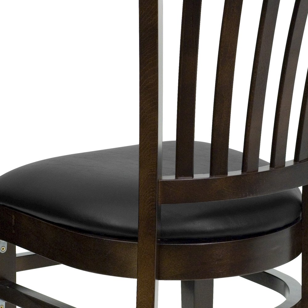 Vertical Slat Back Walnut Wood Restaurant Chair - Black Vinyl Seat. Picture 11
