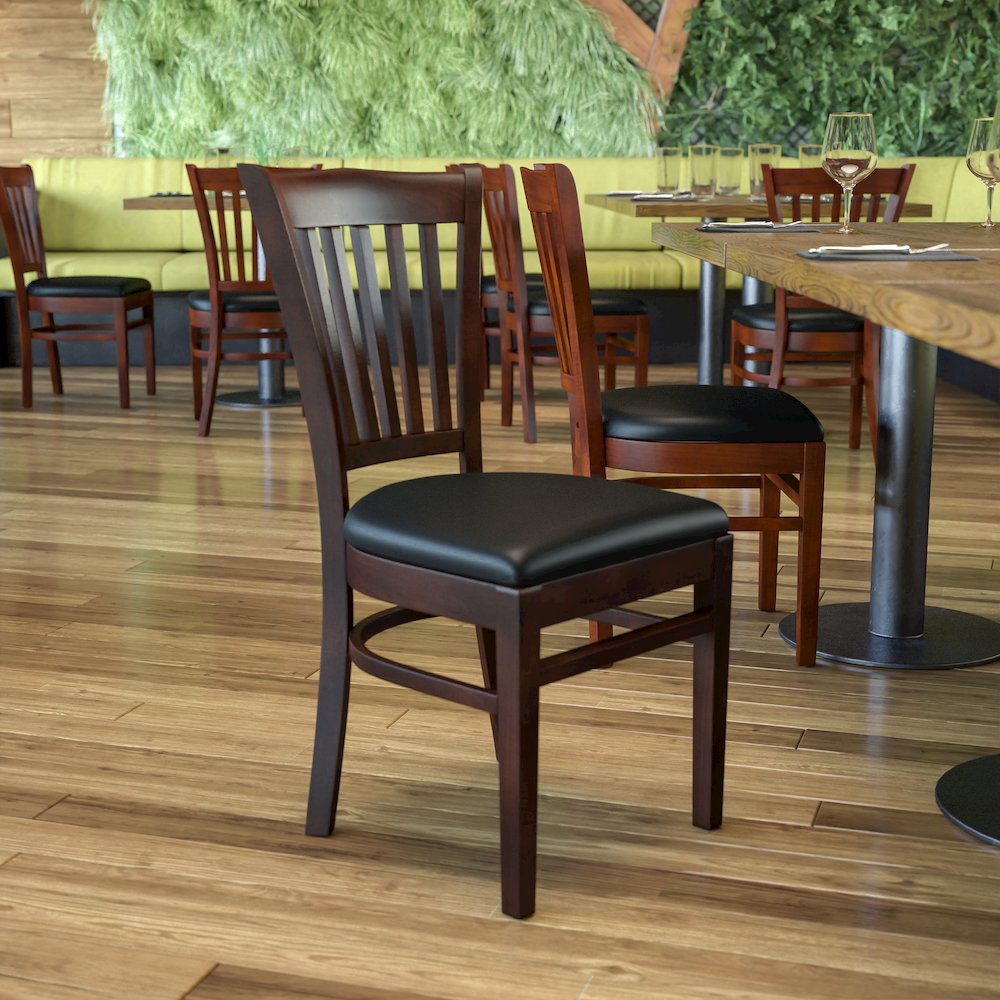 Vertical Slat Back Walnut Wood Restaurant Chair - Black Vinyl Seat. Picture 2