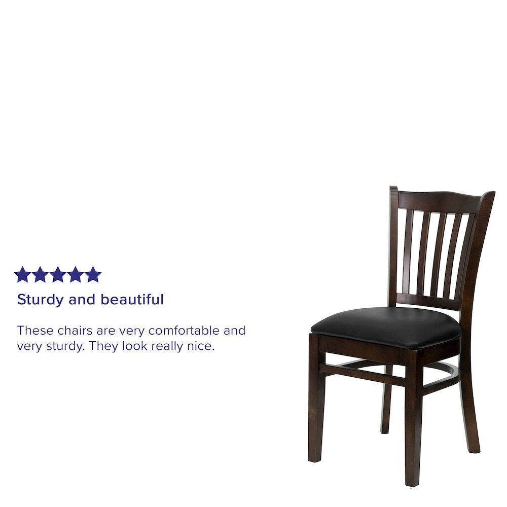 Vertical Slat Back Walnut Wood Restaurant Chair - Black Vinyl Seat. Picture 4