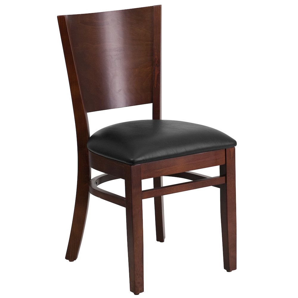Solid Back Walnut Wood Restaurant Chair - Black Vinyl Seat. Picture 1