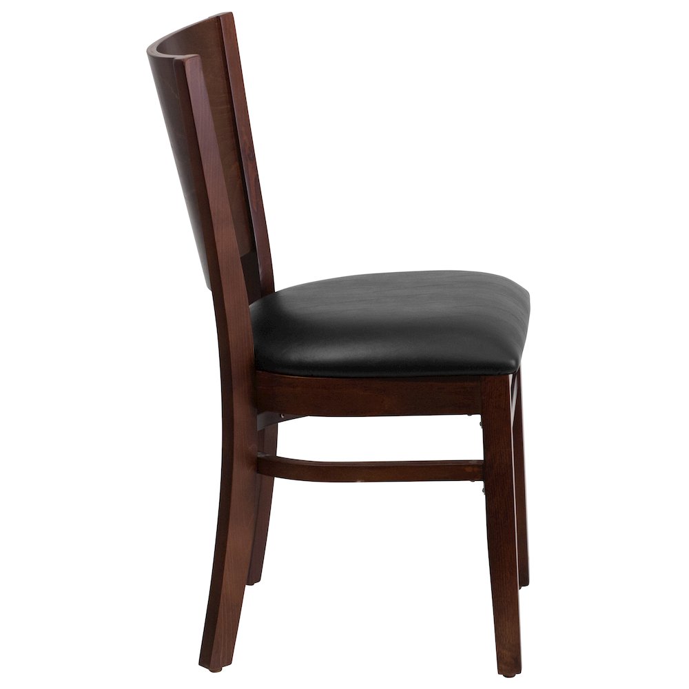Solid Back Walnut Wood Restaurant Chair - Black Vinyl Seat. Picture 8