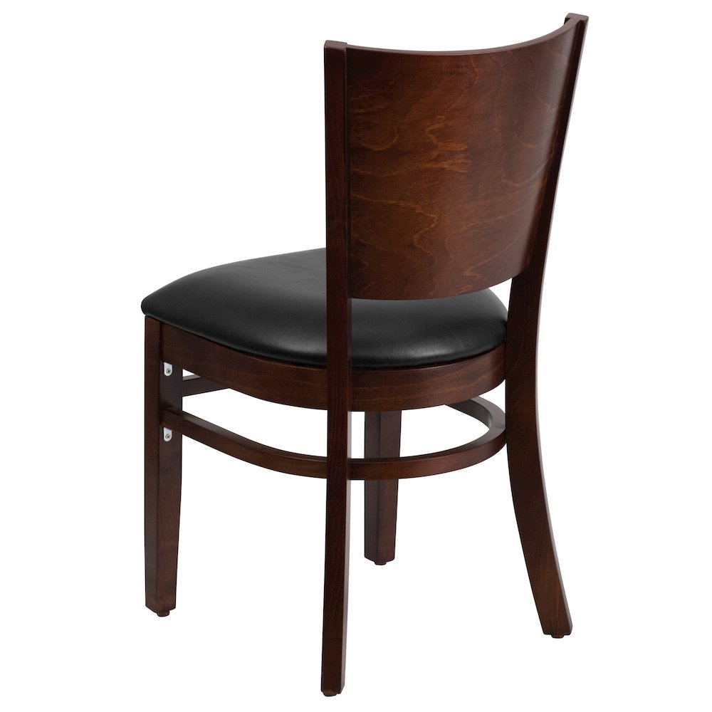Solid Back Walnut Wood Restaurant Chair - Black Vinyl Seat. Picture 6