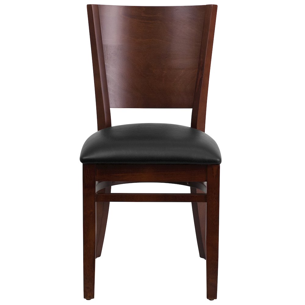 Solid Back Walnut Wood Restaurant Chair - Black Vinyl Seat. Picture 9