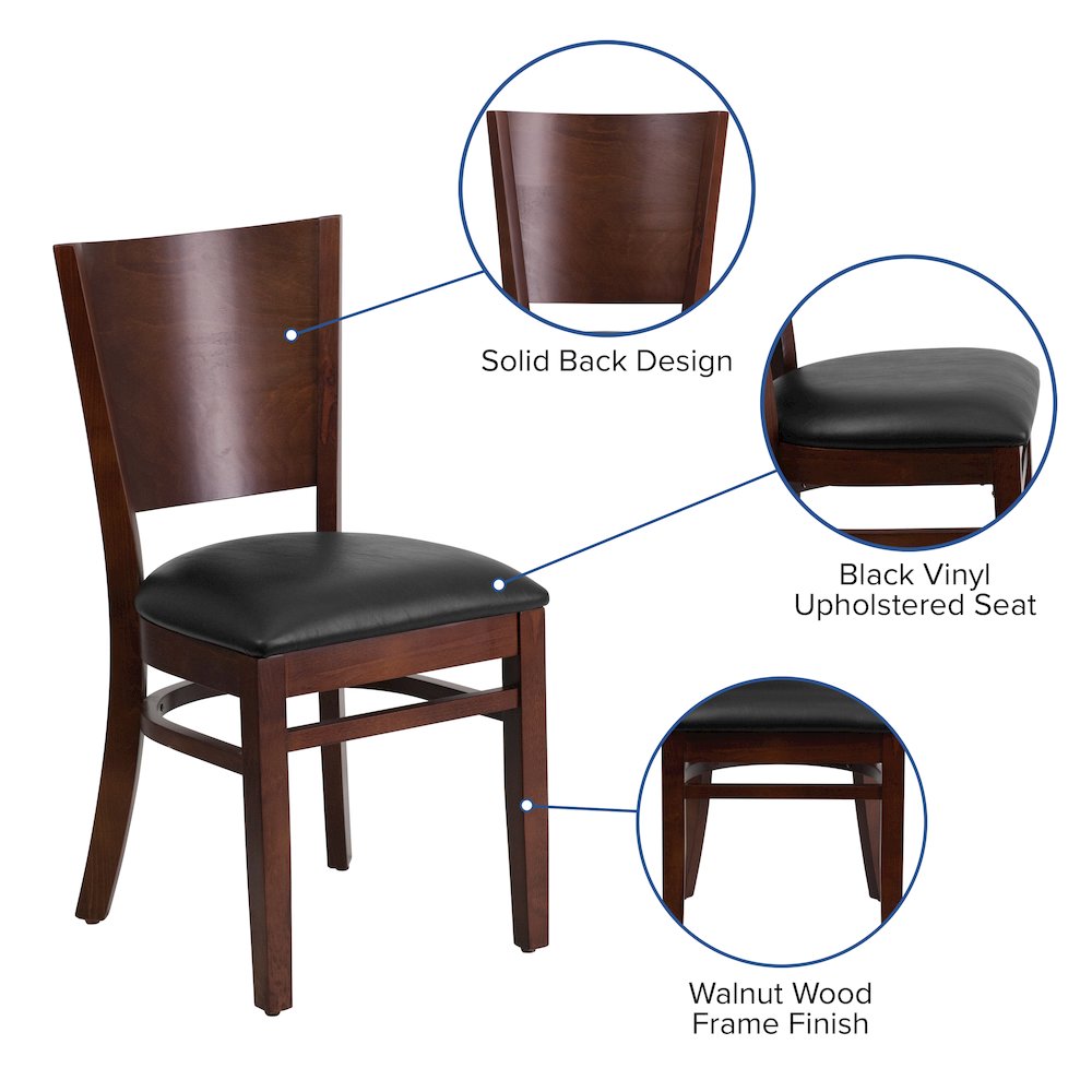Solid Back Walnut Wood Restaurant Chair - Black Vinyl Seat. Picture 4