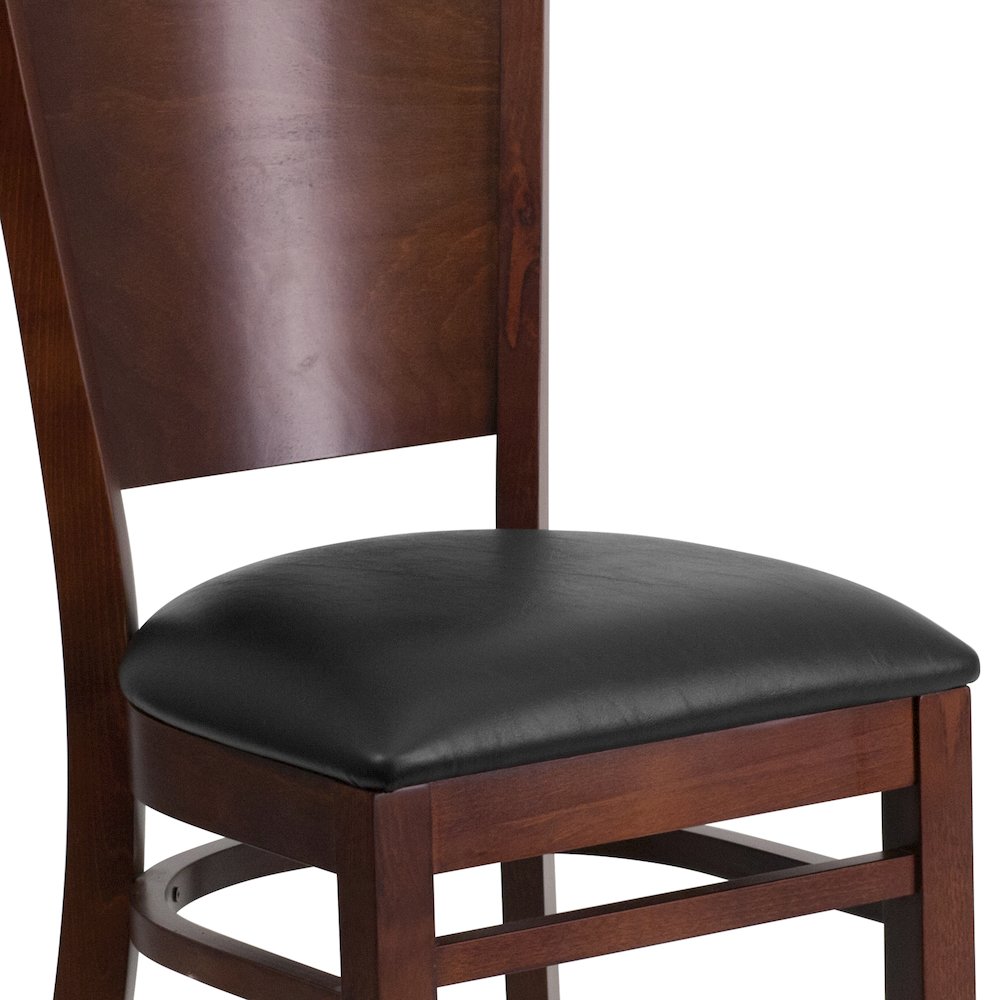 Solid Back Walnut Wood Restaurant Chair - Black Vinyl Seat. Picture 7