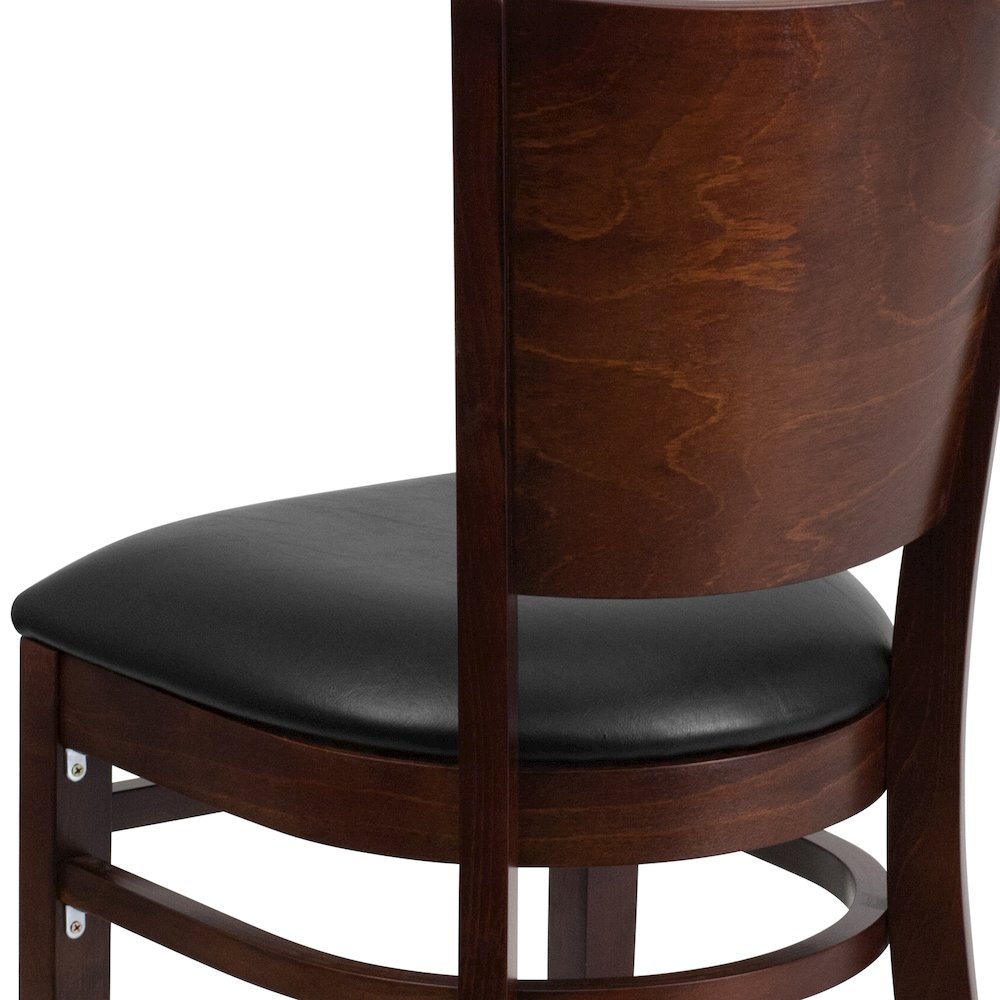 Solid Back Walnut Wood Restaurant Chair - Black Vinyl Seat. Picture 10