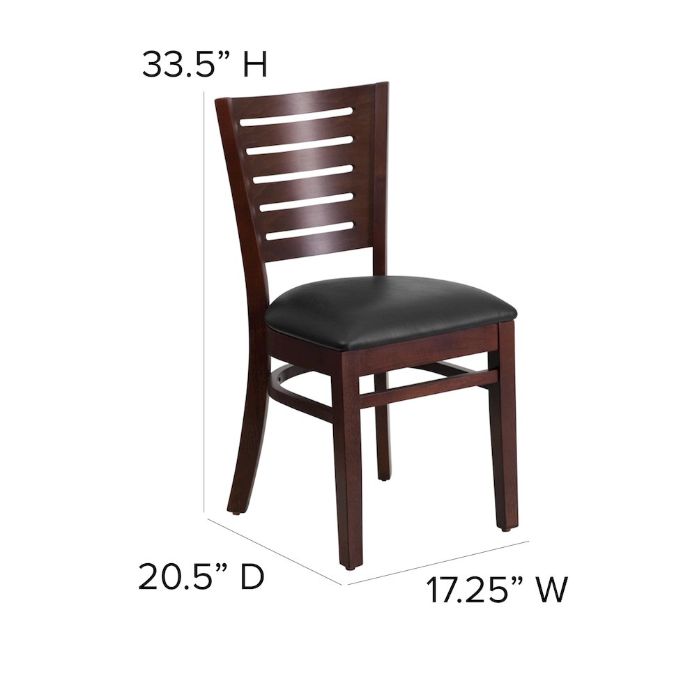 Slat Back Walnut Wood Restaurant Chair - Black Vinyl Seat. Picture 5