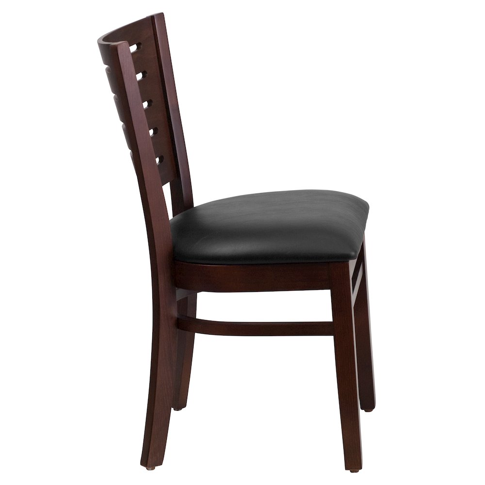 Slat Back Walnut Wood Restaurant Chair - Black Vinyl Seat. Picture 8