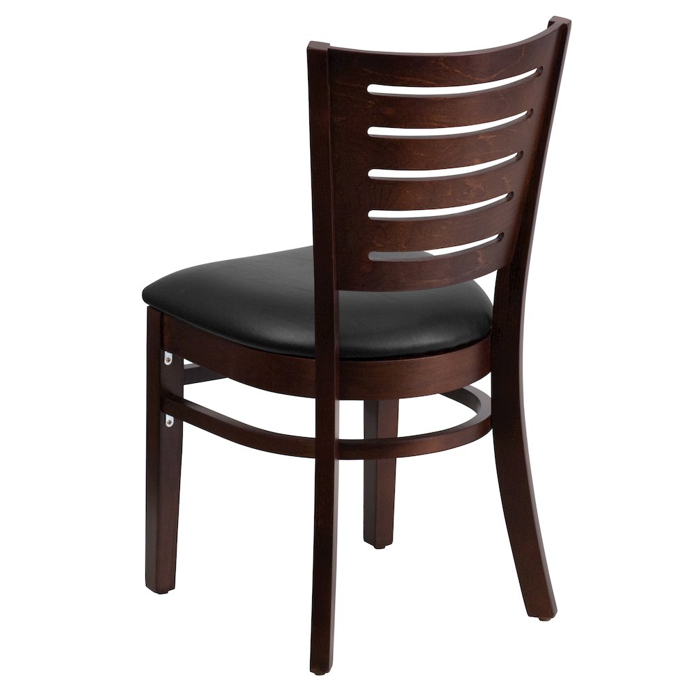Slat Back Walnut Wood Restaurant Chair - Black Vinyl Seat. Picture 6