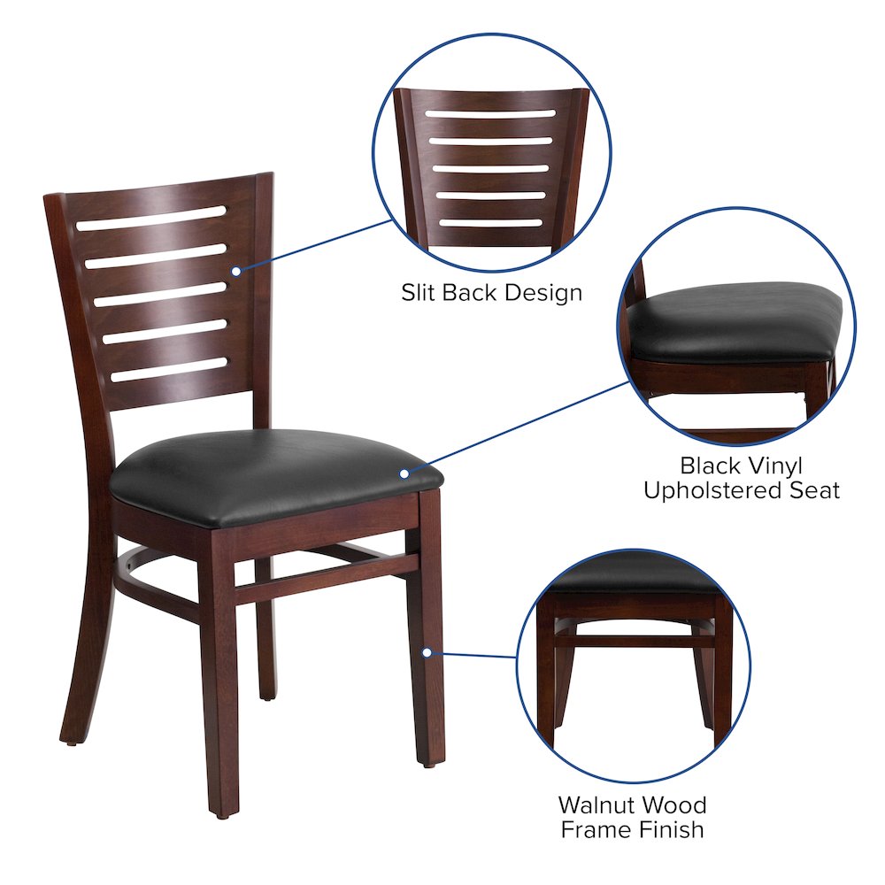 Slat Back Walnut Wood Restaurant Chair - Black Vinyl Seat. Picture 4