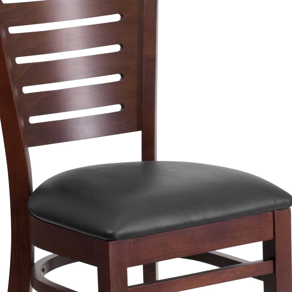 Slat Back Walnut Wood Restaurant Chair - Black Vinyl Seat. Picture 7