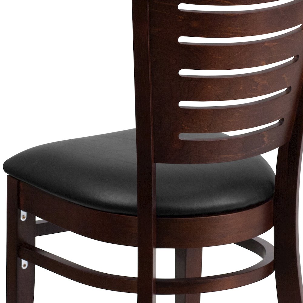 Slat Back Walnut Wood Restaurant Chair - Black Vinyl Seat. Picture 10