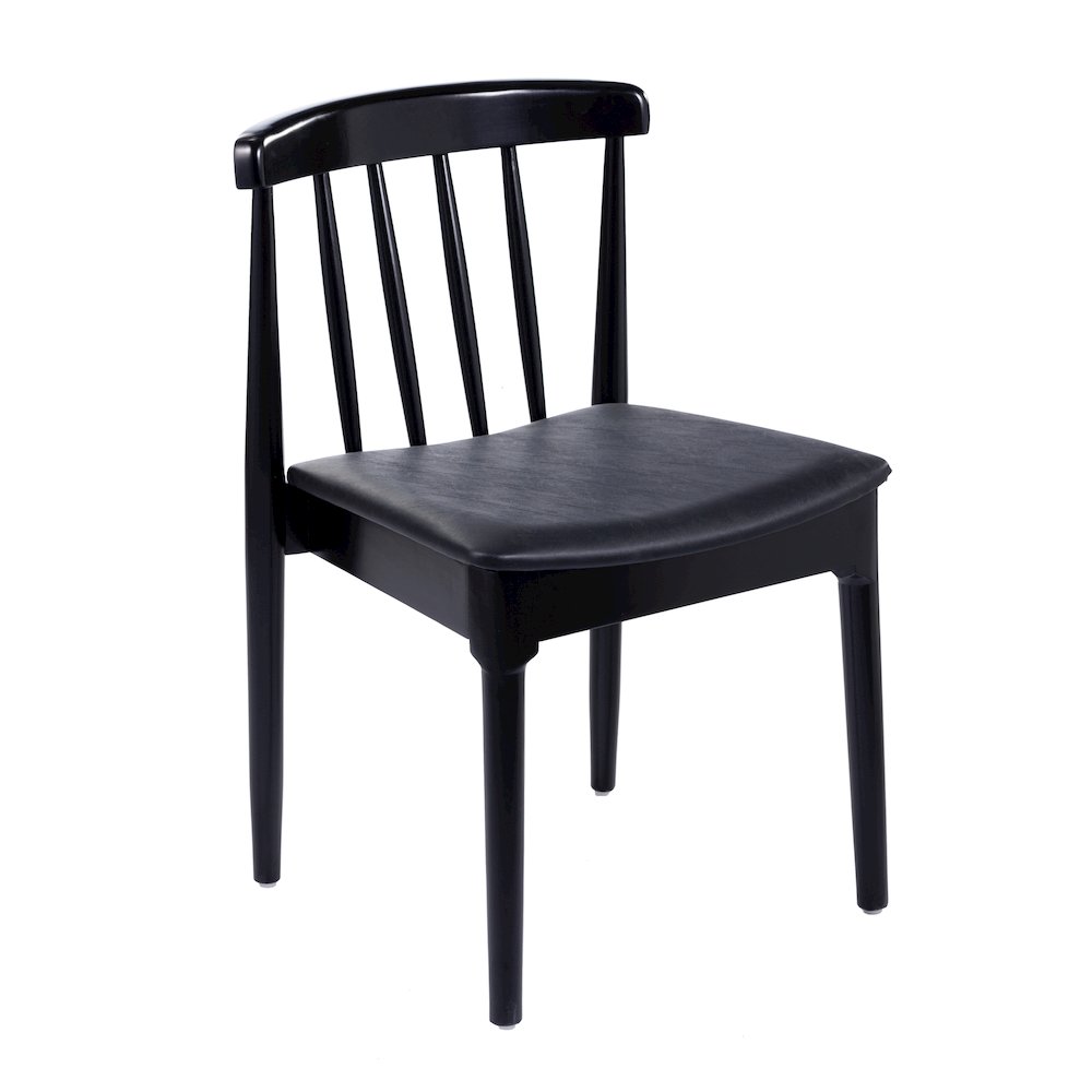 Solid Wood Black Dining Chair with Curved Spindle Backrest and Black Vinyl Seat. Picture 1