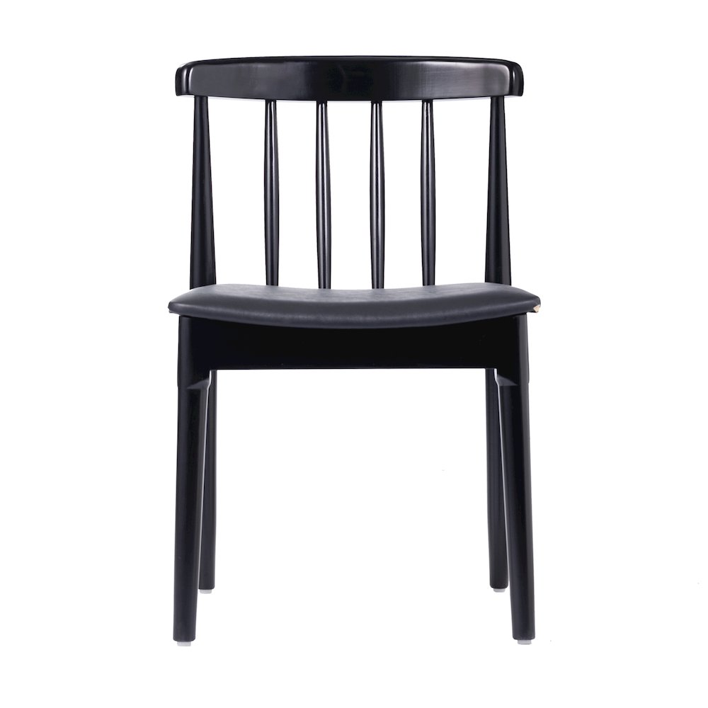 Solid Wood Black Dining Chair with Curved Spindle Backrest and Black Vinyl Seat. Picture 10