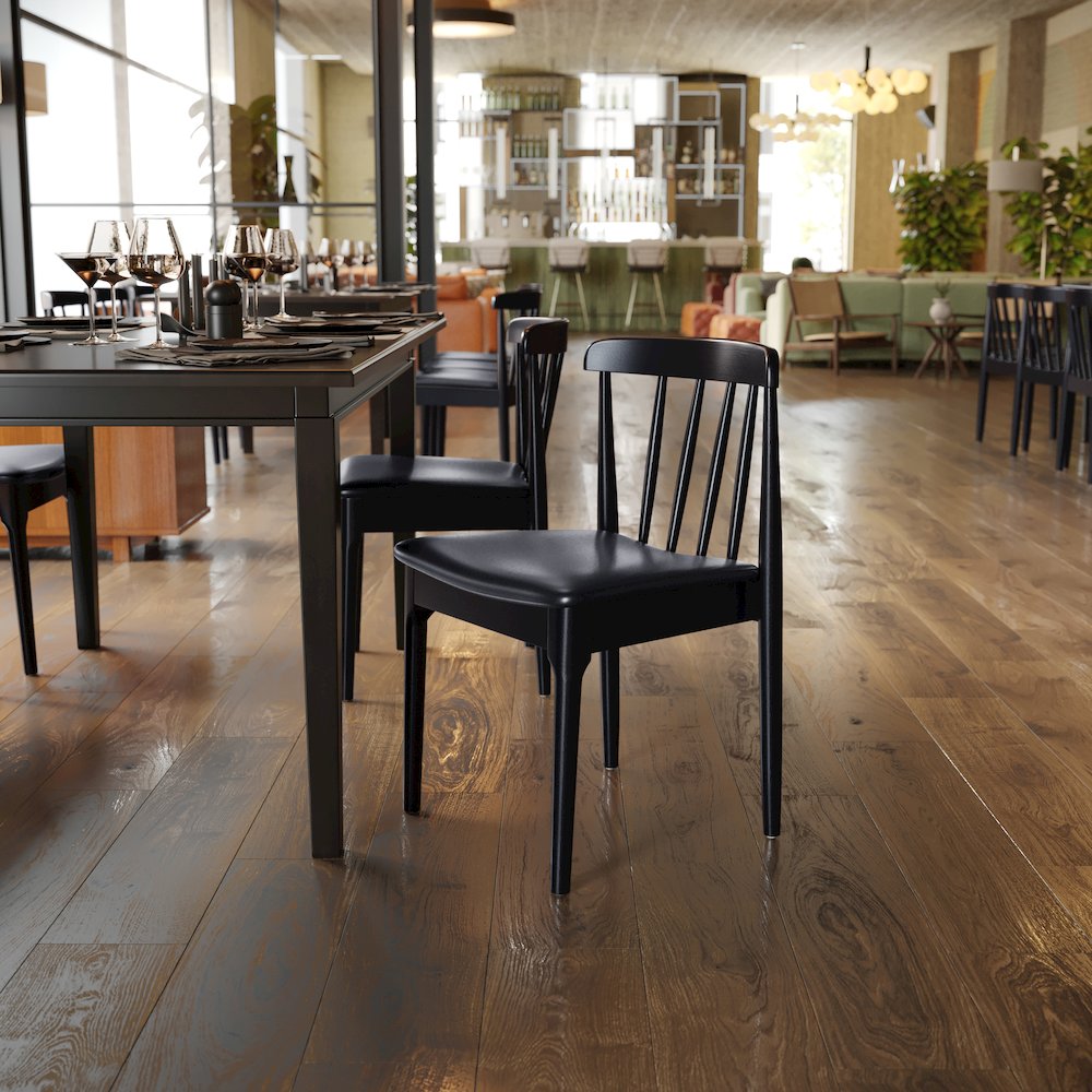 Solid Wood Black Dining Chair with Curved Spindle Backrest and Black Vinyl Seat. Picture 3