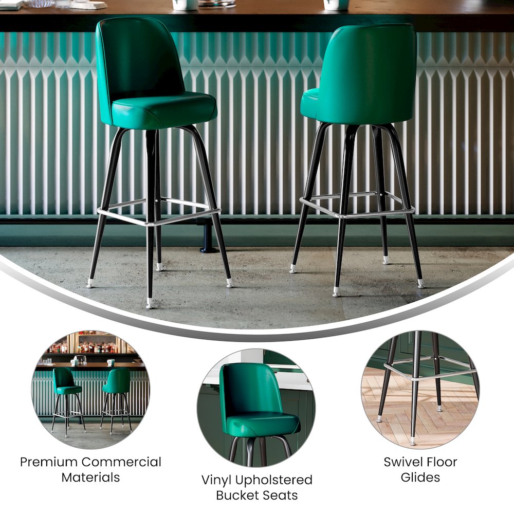 James Commercial Grade Metal Barstool with Green Swivel Bucket Seat. Picture 4
