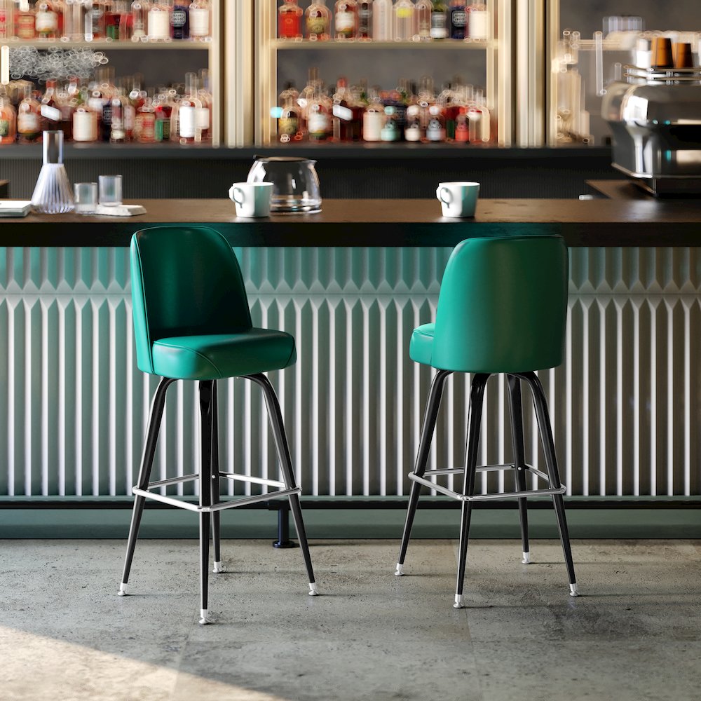 James Commercial Grade Metal Barstool with Green Swivel Bucket Seat. Picture 6