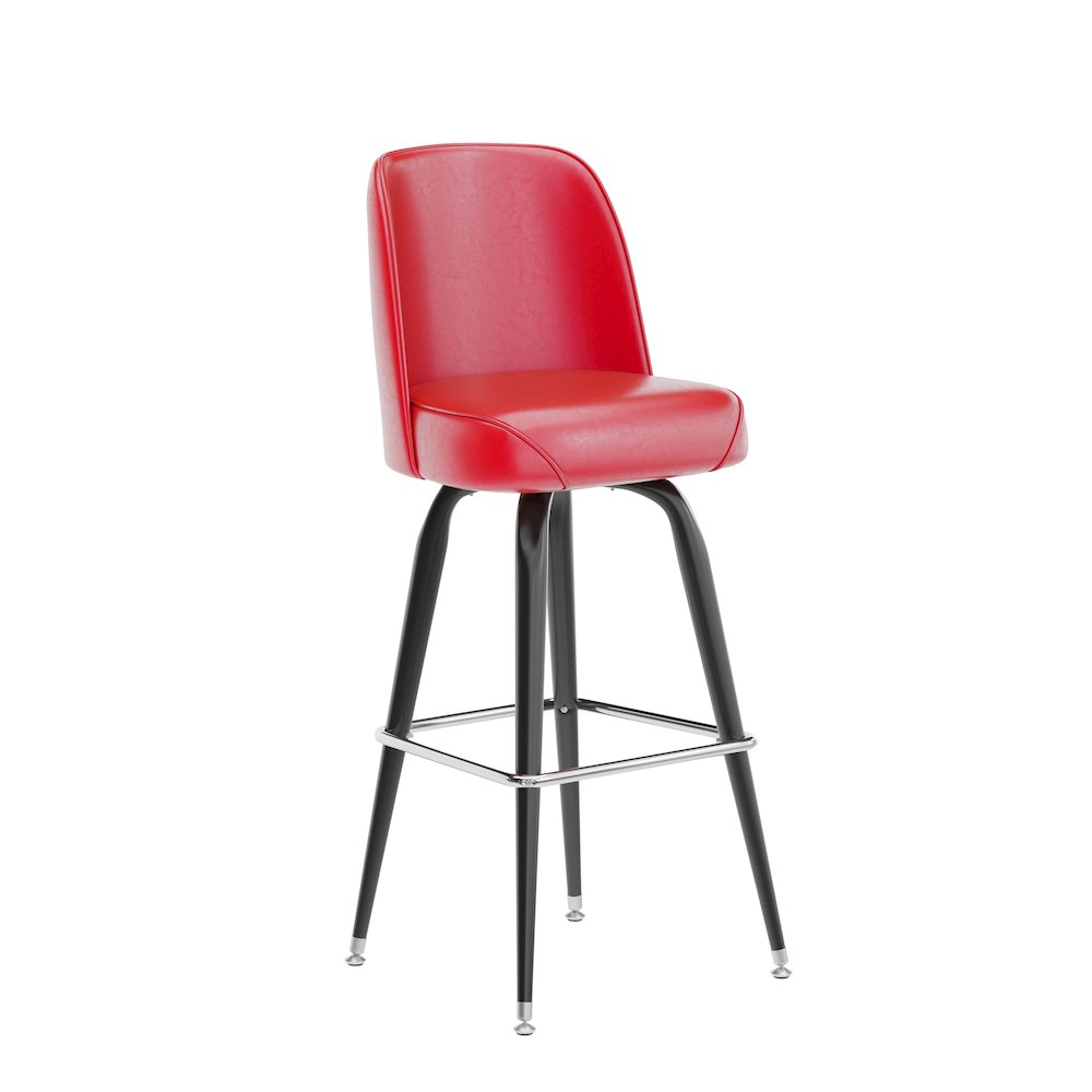 James Commercial Grade Metal Barstool with Red Swivel Bucket Seat. Picture 1