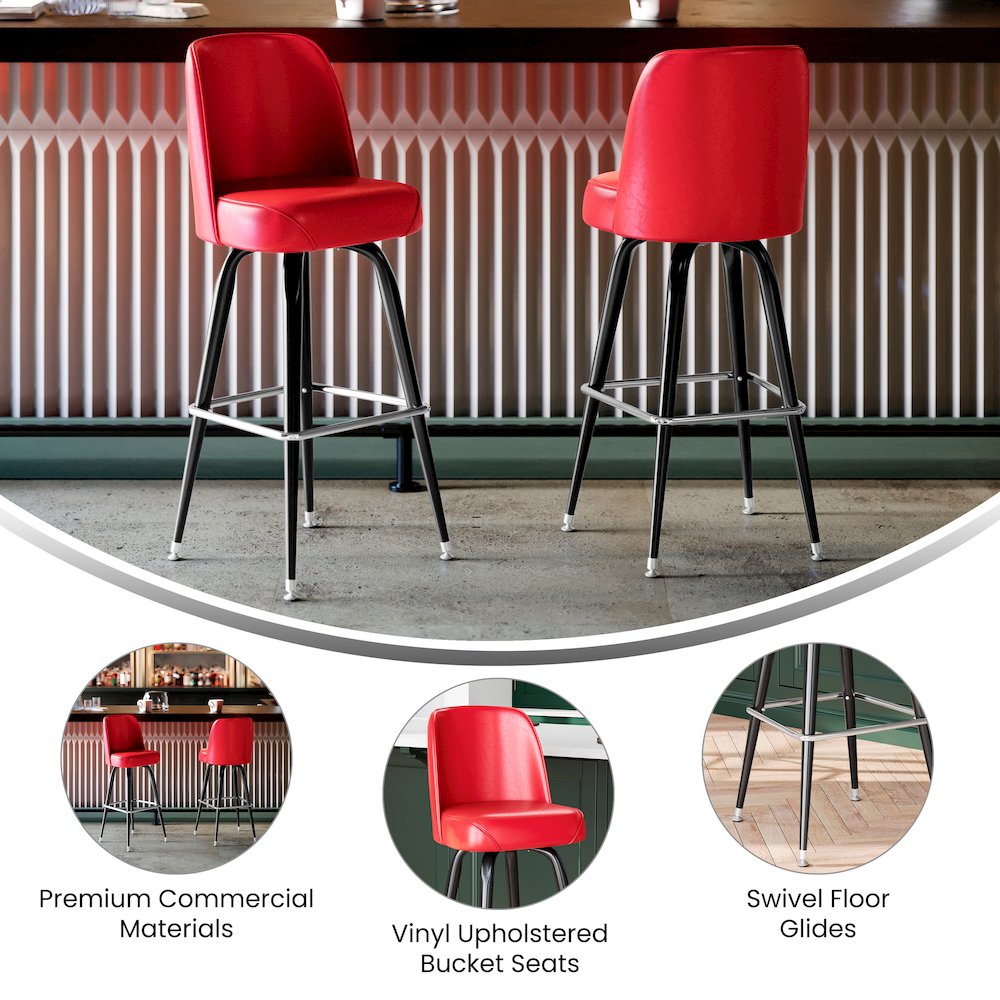 James Commercial Grade Metal Barstool with Red Swivel Bucket Seat. Picture 4