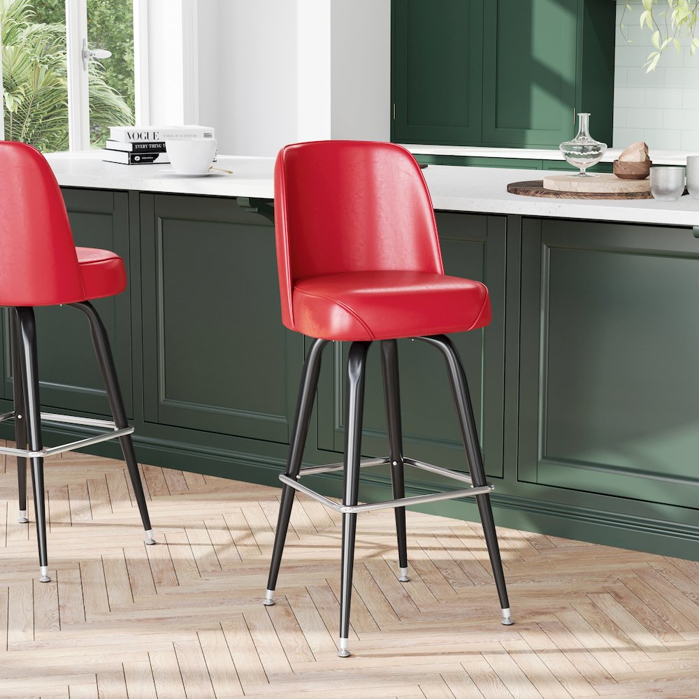 James Commercial Grade Metal Barstool with Red Swivel Bucket Seat. Picture 3