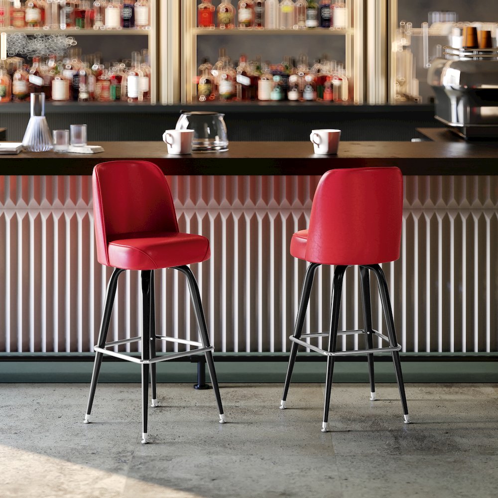 James Commercial Grade Metal Barstool with Red Swivel Bucket Seat. Picture 6