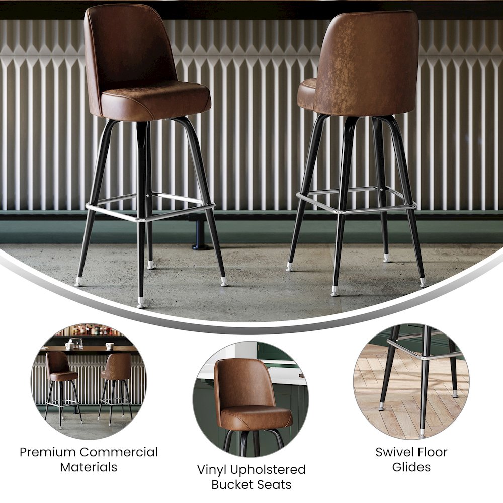 James Commercial Grade Metal Barstool with Weathered Brown Swivel Bucket Seat. Picture 4