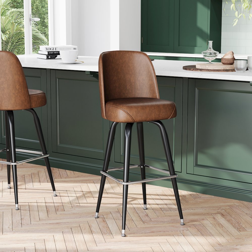 James Commercial Grade Metal Barstool with Weathered Brown Swivel Bucket Seat. Picture 3