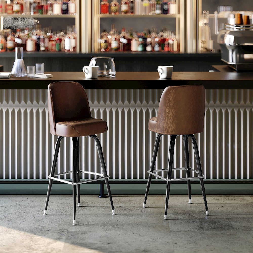 James Commercial Grade Metal Barstool with Weathered Brown Swivel Bucket Seat. Picture 6