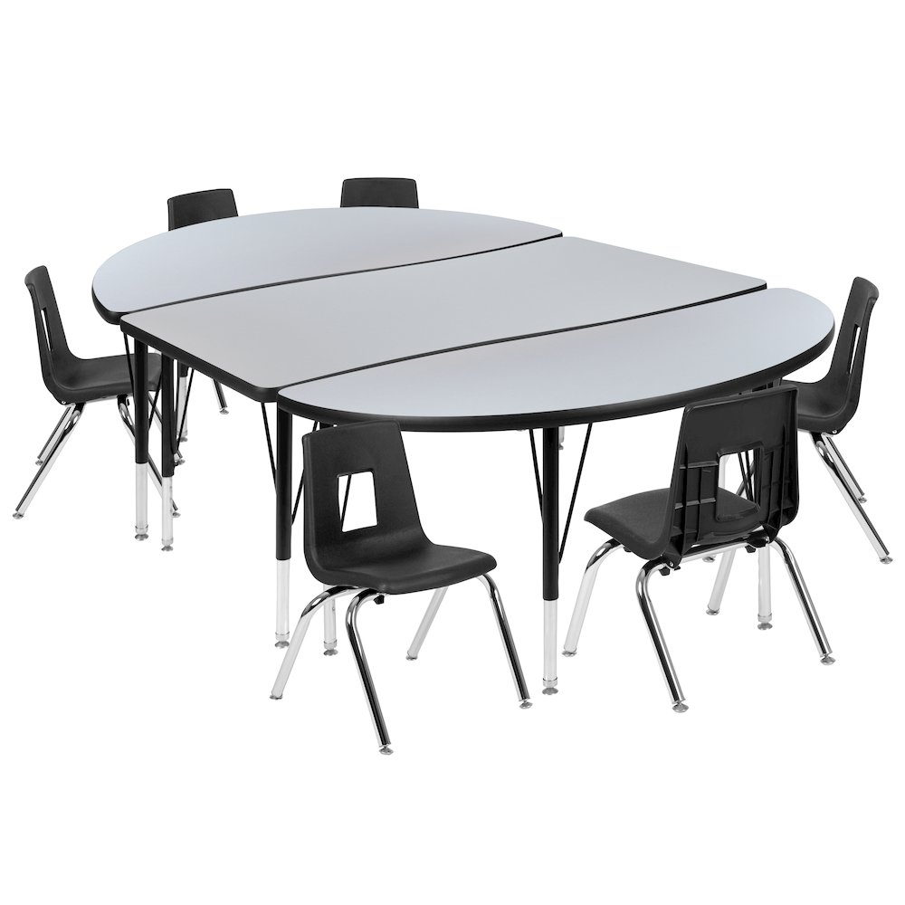 76" Oval Wave Activity Table Set with 12" Student Stack Chairs, Grey/Black. Picture 1
