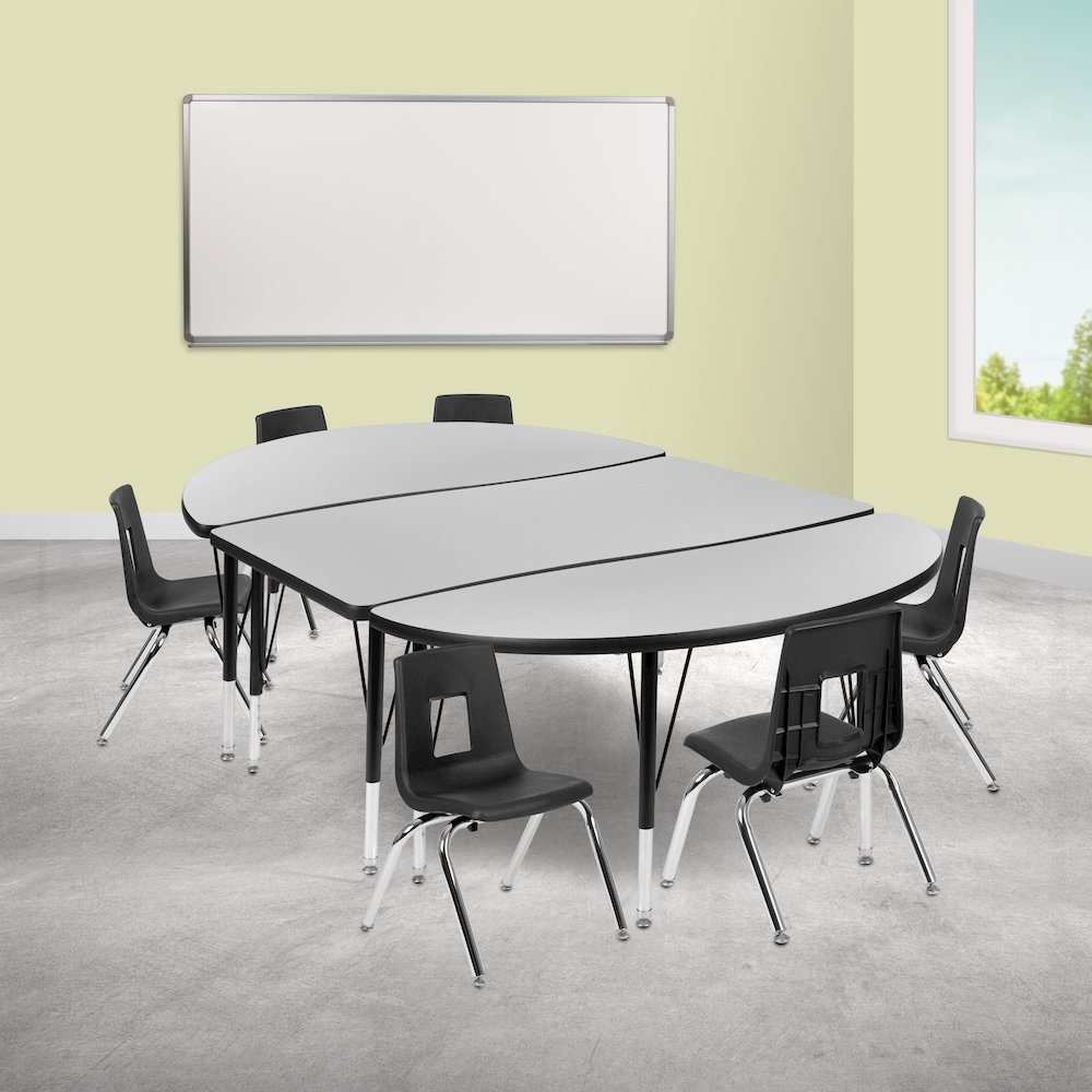 76" Oval Wave Activity Table Set with 12" Student Stack Chairs, Grey/Black. Picture 2