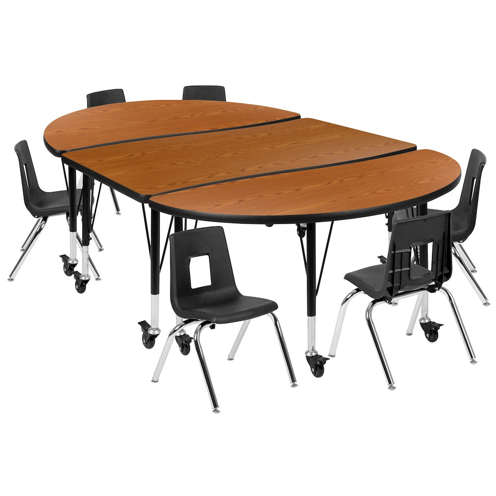 Mobile 76" Oval Wave Activity Table Set with 12" Student Stack Chairs, Oak/Black. Picture 1