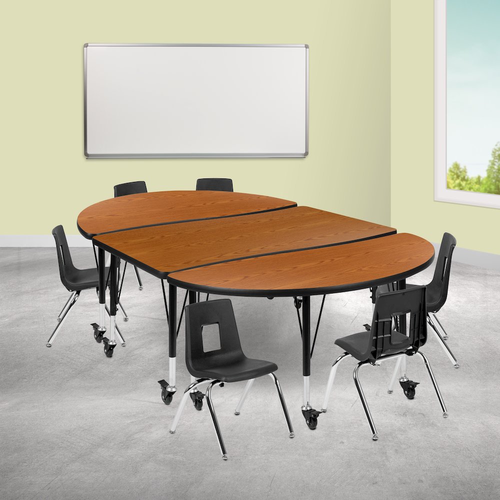Mobile 76" Oval Wave Activity Table Set with 12" Student Stack Chairs, Oak/Black. Picture 2