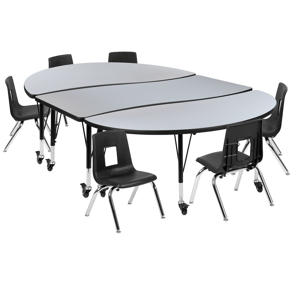 Mobile 86" Wave Activity Table Set with 12" Student Stack Chairs, Grey/Black. Picture 1