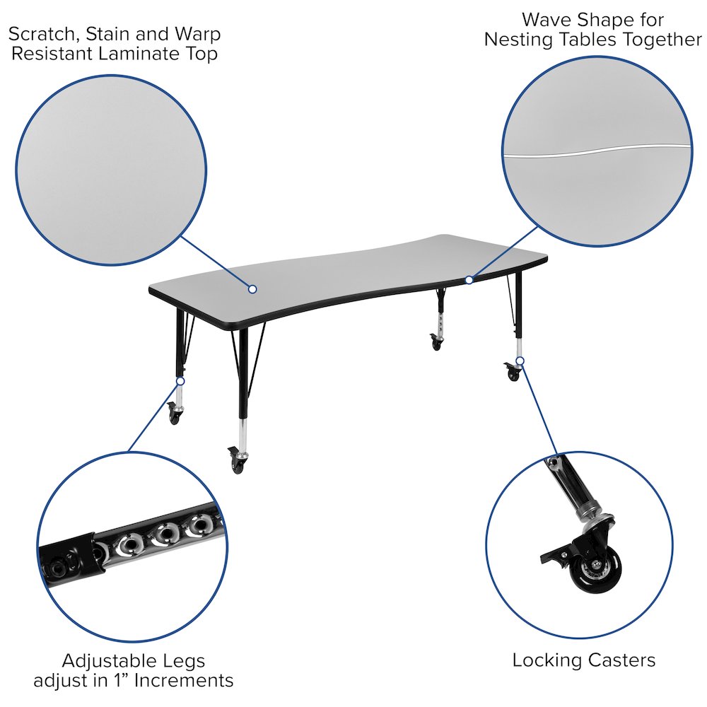 Mobile 86" Wave Activity Table Set with 12" Student Stack Chairs, Grey/Black. Picture 5