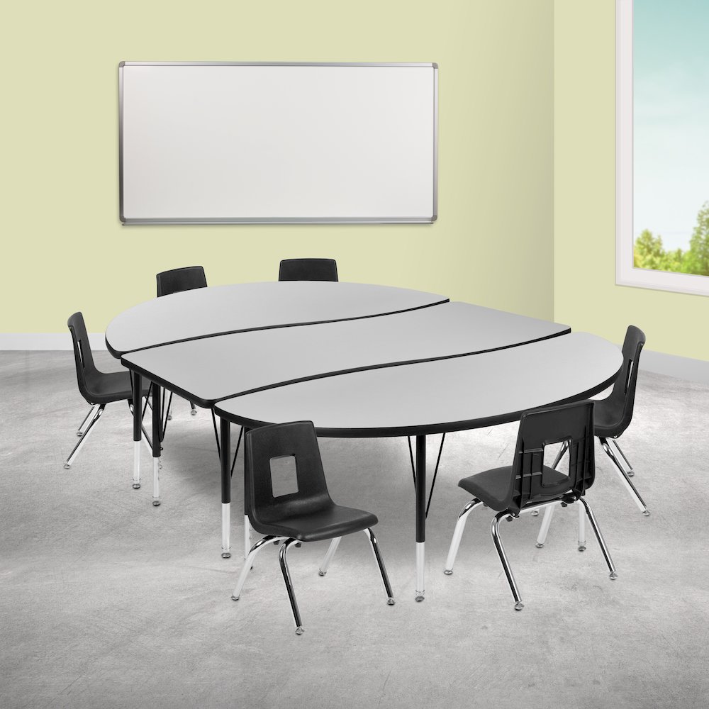 86" Oval Wave Activity Table Set with 12" Student Stack Chairs, Grey/Black. Picture 2