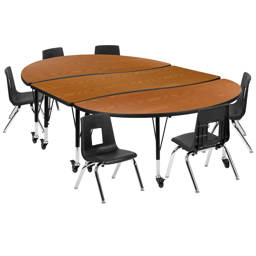 Mobile 86" Oval Wave Activity Table Set with 12" Student Stack Chairs, Oak/Black. Picture 1