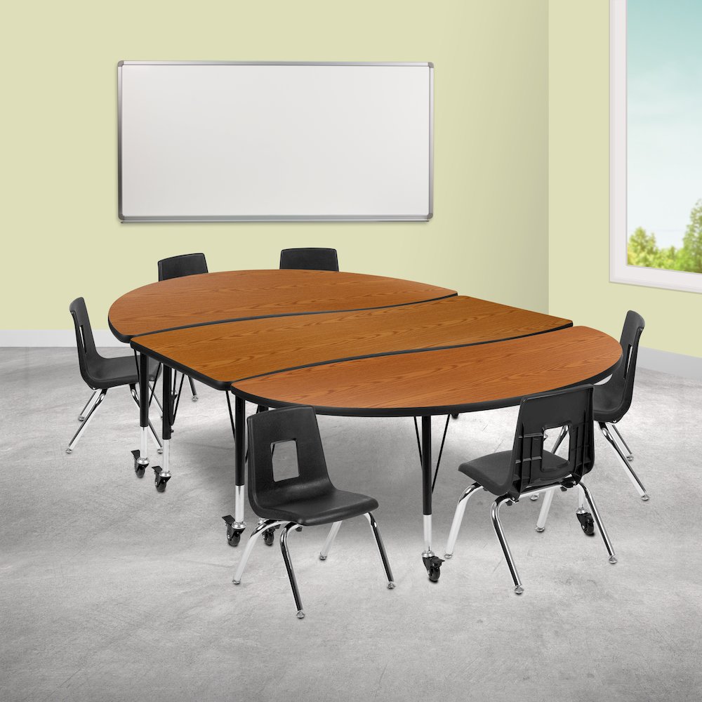 Mobile 86" Oval Wave Activity Table Set with 12" Student Stack Chairs, Oak/Black. Picture 2