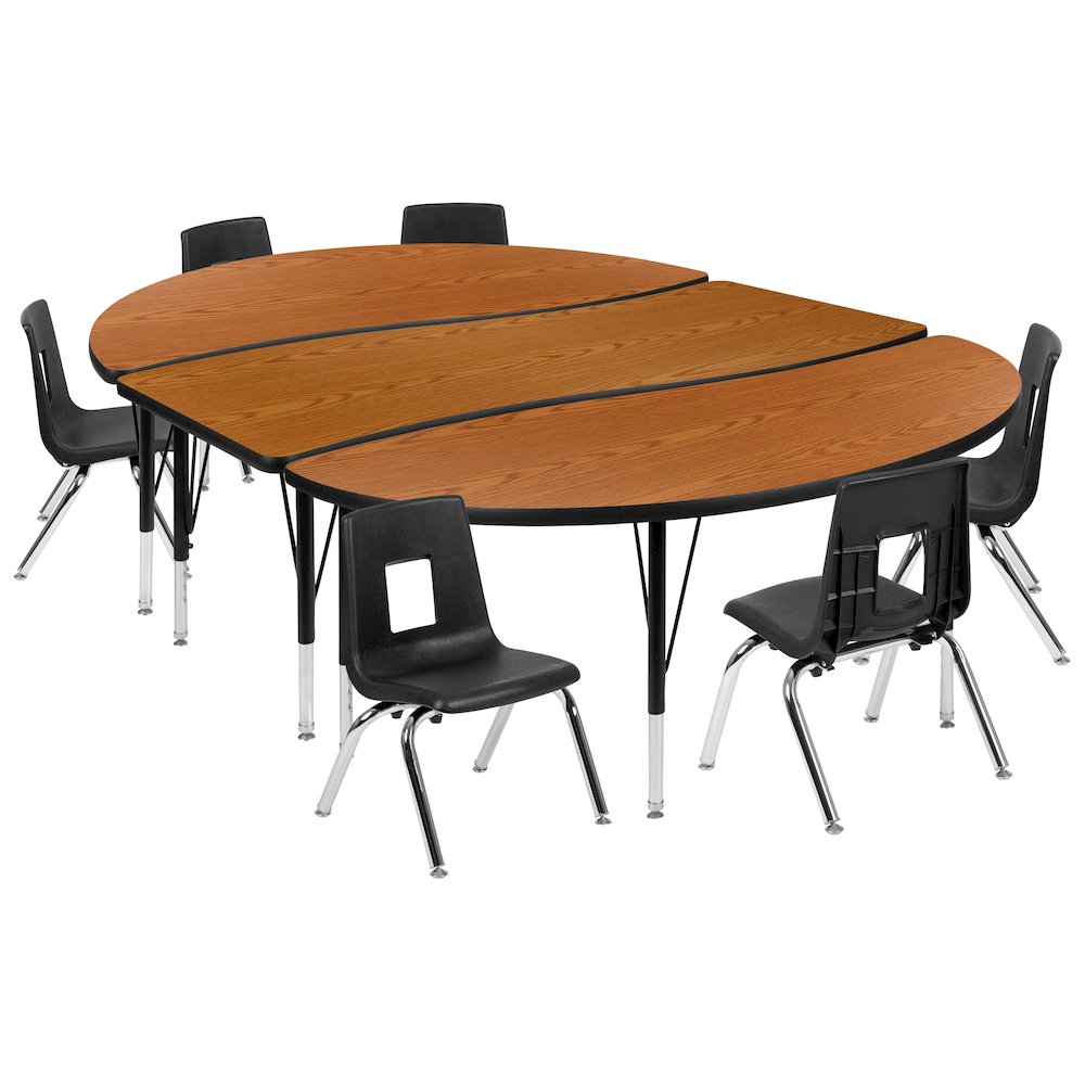 86" Oval Wave Activity Table Set with 12" Student Stack Chairs, Oak/Black. Picture 1