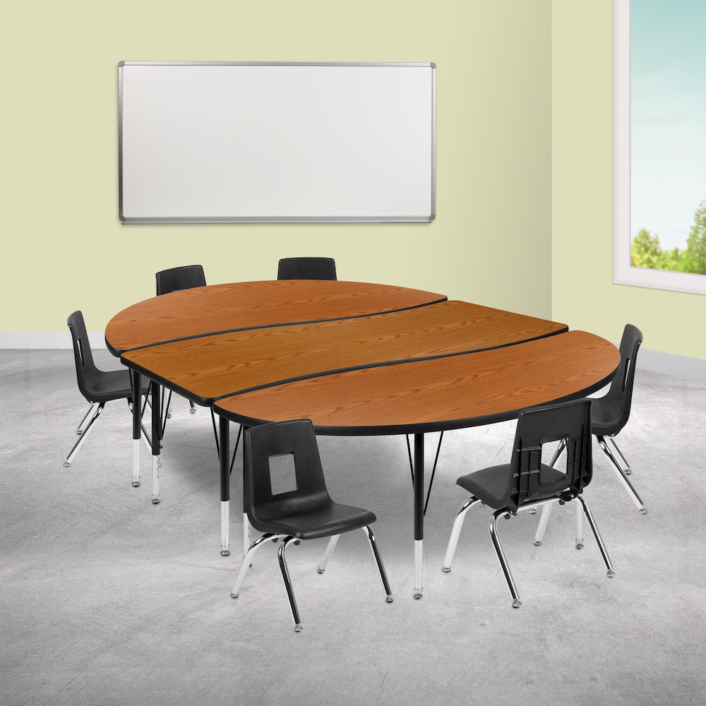 86" Oval Wave Activity Table Set with 12" Student Stack Chairs, Oak/Black. Picture 2