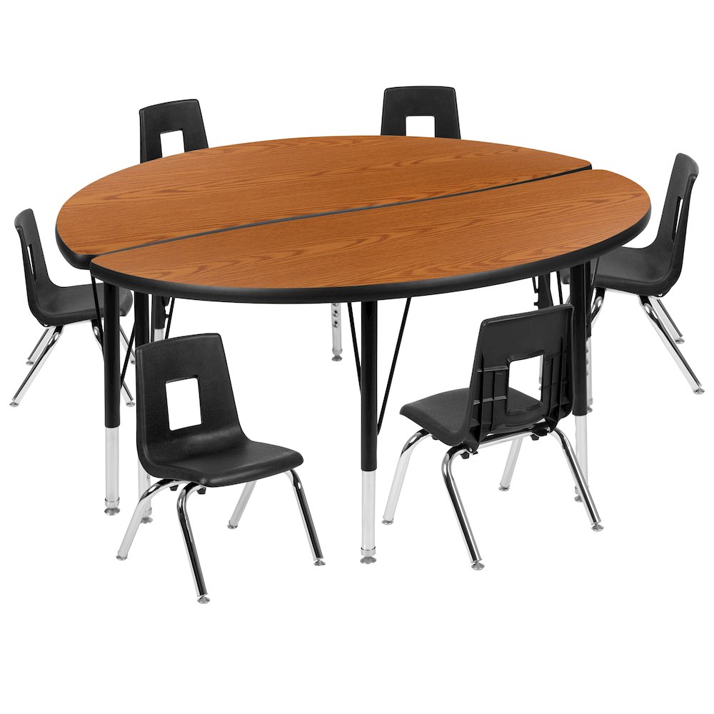 47.5" Circle Wave Activity Table Set with 12" Student Stack Chairs, Oak/Black. Picture 1