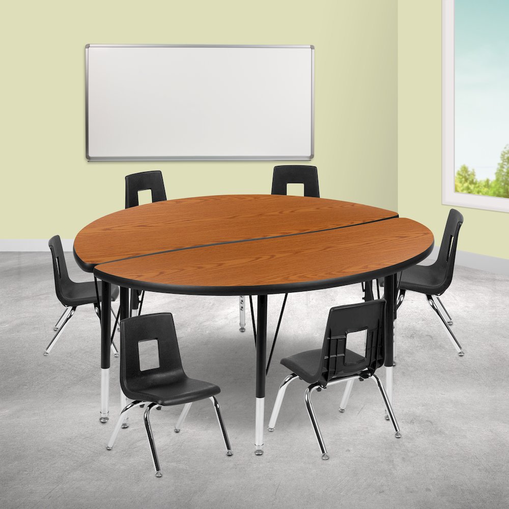 47.5" Circle Wave Activity Table Set with 12" Student Stack Chairs, Oak/Black. Picture 2