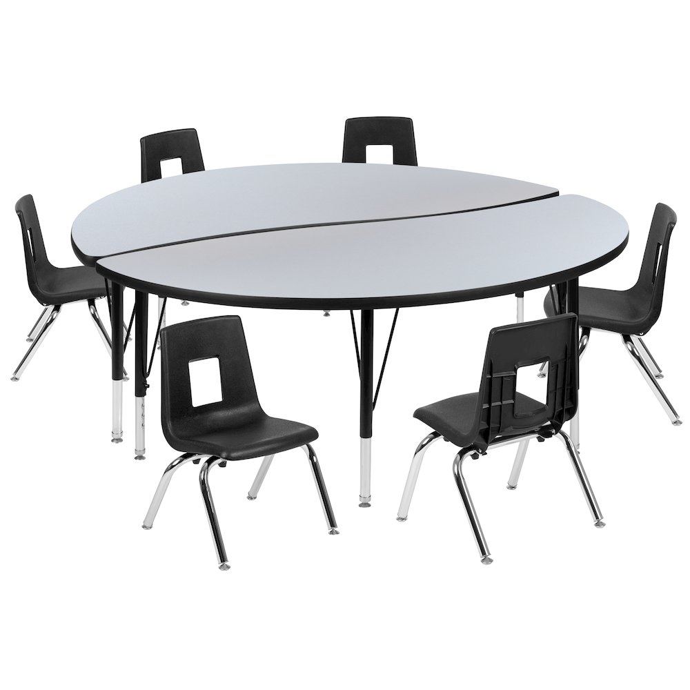60" Circle Wave Activity Table Set with 12" Student Stack Chairs, Grey/Black. Picture 1