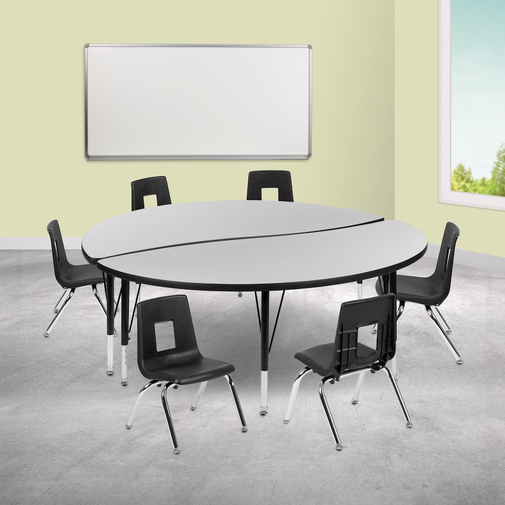 60" Circle Wave Activity Table Set with 12" Student Stack Chairs, Grey/Black. Picture 2