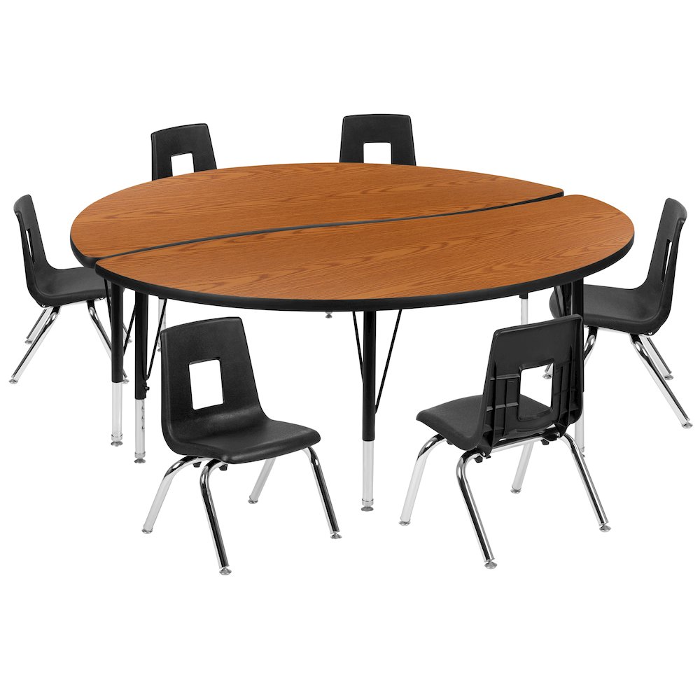 60" Circle Wave Activity Table Set with 12" Student Stack Chairs, Oak/Black. Picture 1