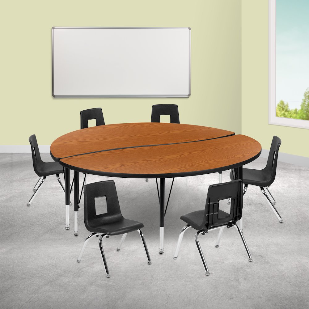 60" Circle Wave Activity Table Set with 12" Student Stack Chairs, Oak/Black. Picture 2