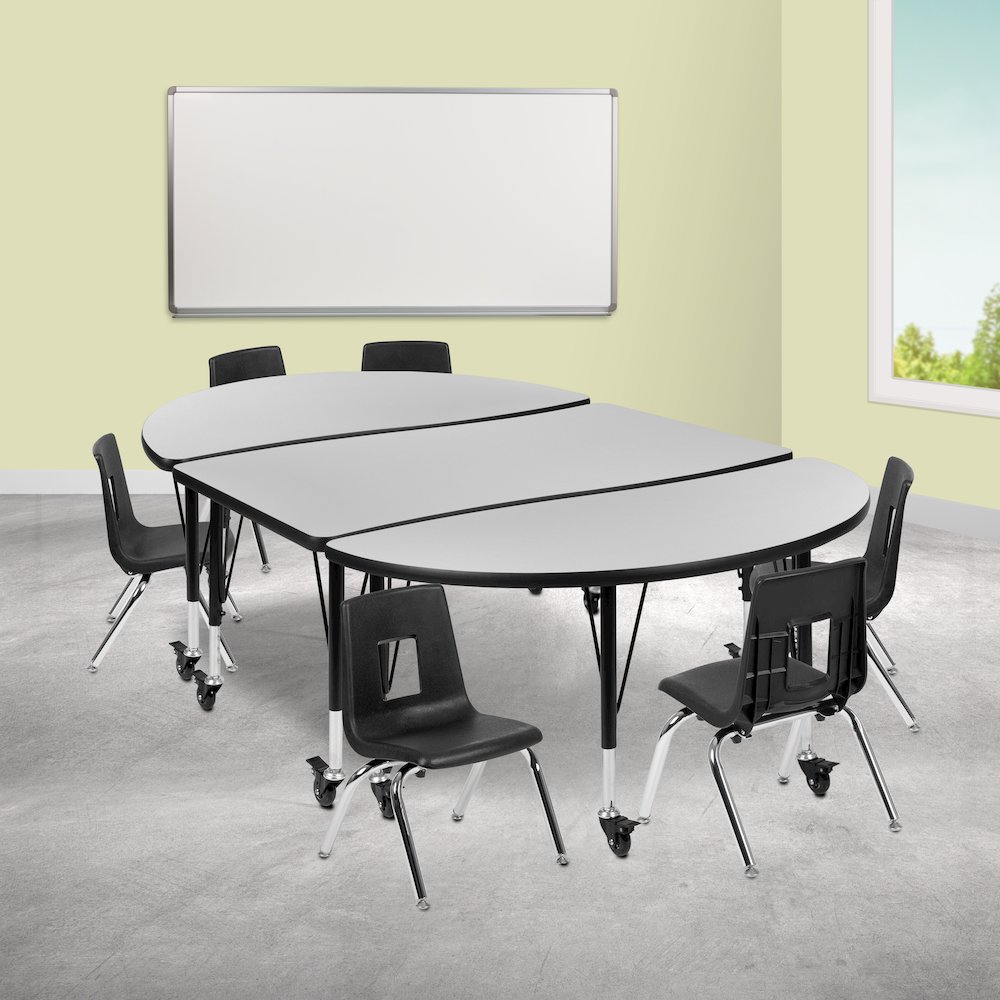 Mobile 76" Wave Activity Table Set with 14" Student Stack Chairs, Grey/Black. Picture 2
