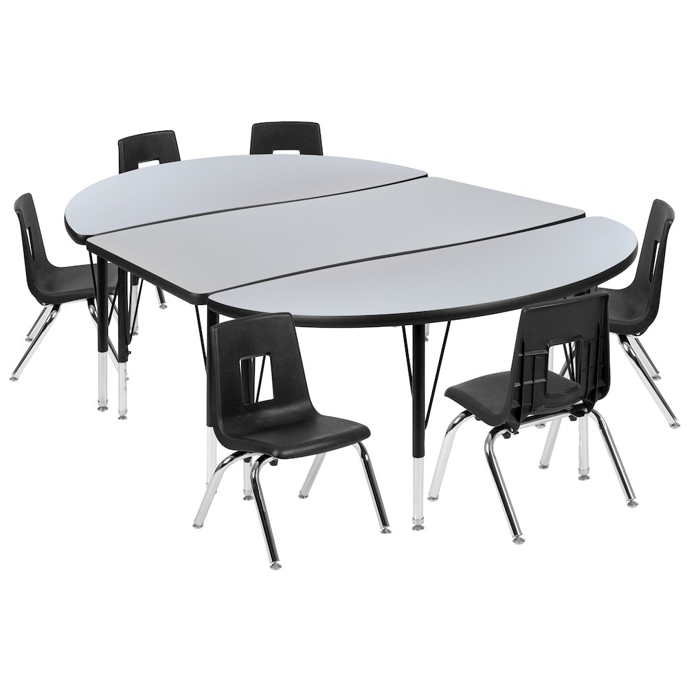 76" Oval Wave Activity Table Set with 14" Student Stack Chairs, Grey/Black. Picture 1